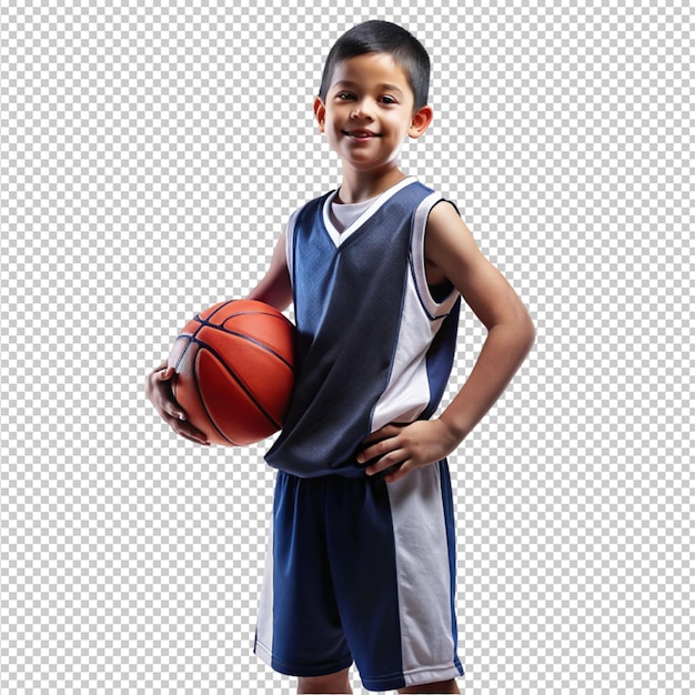 Niño pequeño de baloncesto con camiseta deportiva sosteniendo una pelota de baloncestro en un fondo transparente