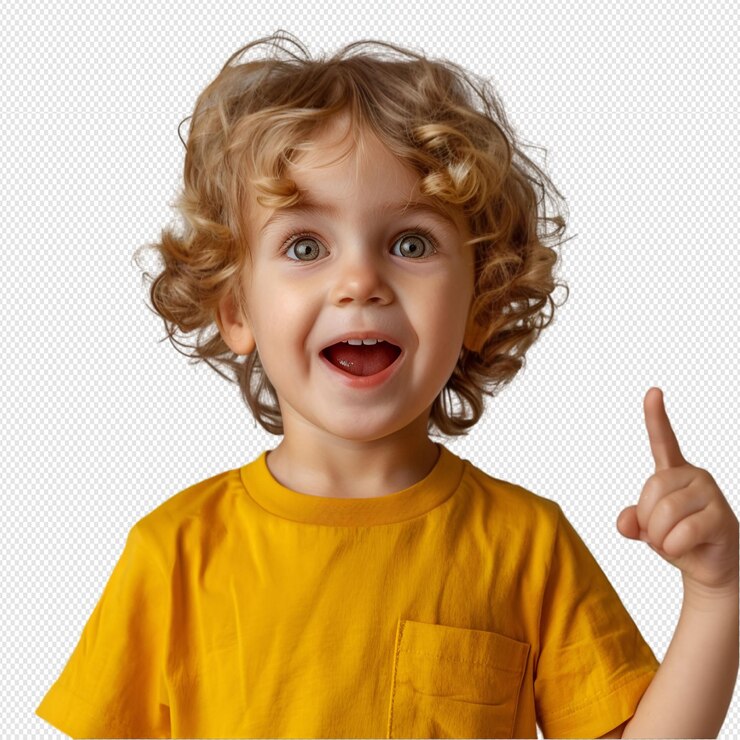 un niño pequeño con una camisa amarilla que dice que está señalando