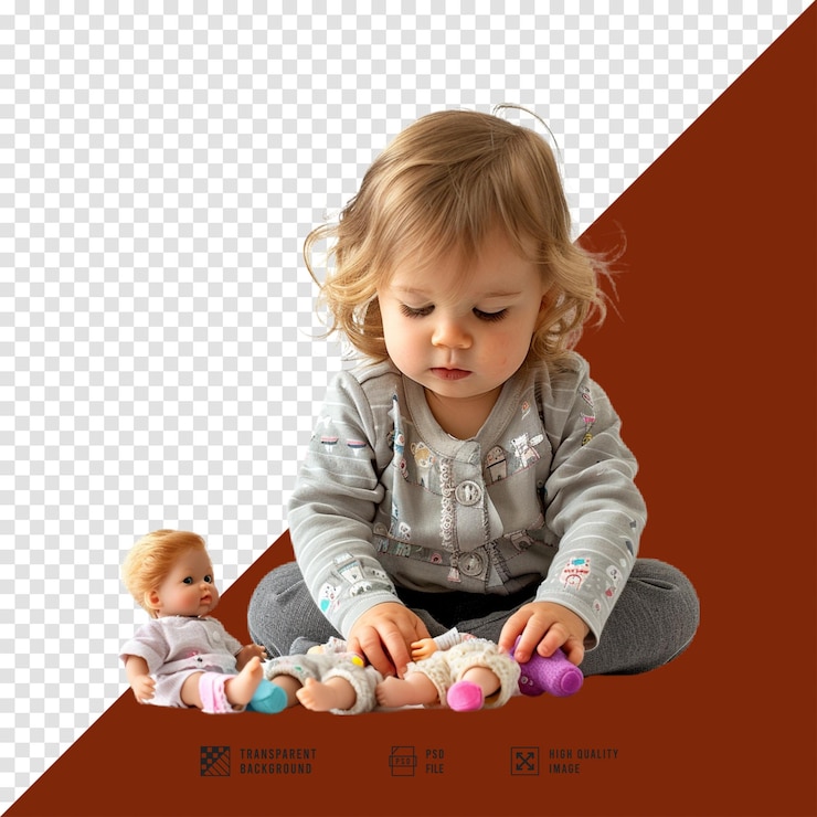 PSD un niño pequeño está jugando con una muñeca sin un fondo de calidad hd