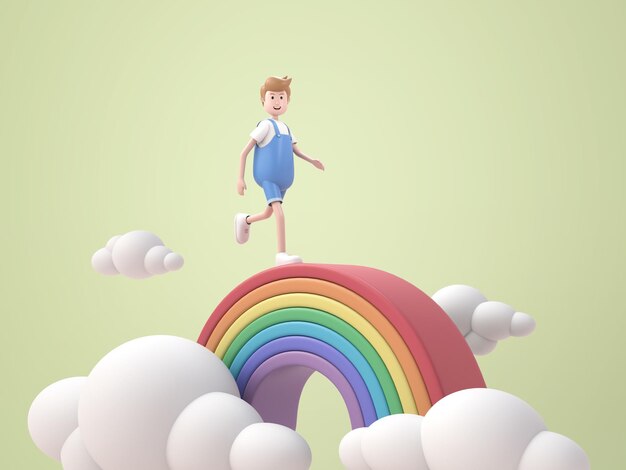 PSD niño pequeño de la ilustración 3d que camina en la representación del arco iris