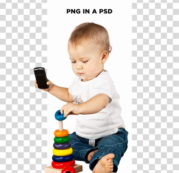 niño pequeño jugando con un juguete aislado en un fondo transparente