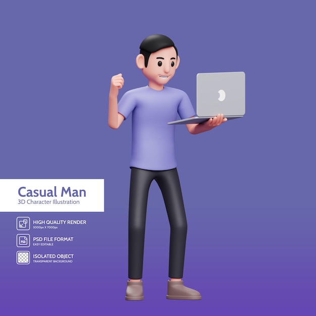 Niño de pie sosteniendo la computadora portátil y celebrando la victoria mientras mira la pantalla de la computadora portátil 3d renderizar la ilustración del personaje