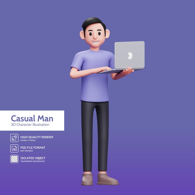 Niño de pie sosteniendo la computadora portátil y escribiendo mientras mira a la cámara Ilustración de personaje de render 3d