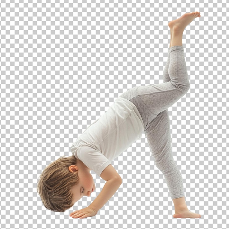 PSD niño practicando yoga de estiramiento en ejercicio sobre un fondo transparente