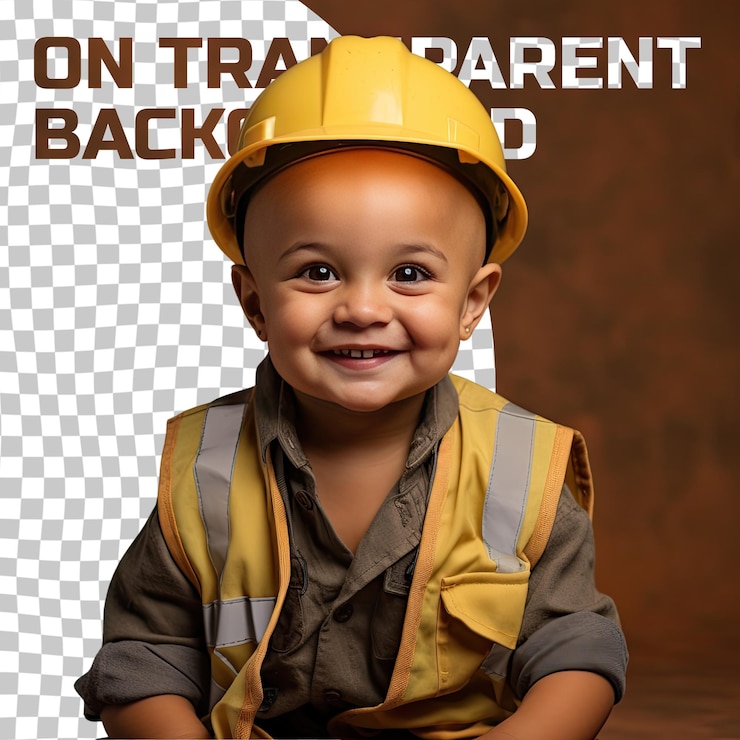 PSD un niño de preescolar aborigen calvo divertido en la pose del operador de la grúa con fondo amarillo pastel
