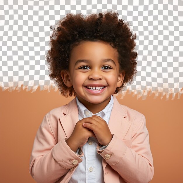 PSD un niño preescolar aislado con cabello rizado de la etnia africana vestido con ropa de ortodontista posa en un estilo de risa con la mano cubriendo la boca contra un fondo de coral pastel