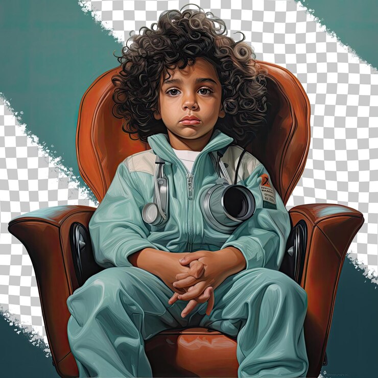 PSD un niño preescolar compasivo con cabello rizado de la etnia asiática vestido con ropa de mecánico de automóviles posa en un estilo de silla reclinada contra un fondo de azul azul pastel
