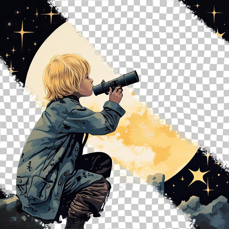PSD un niño preescolar desesperado con cabello rubio de la etnia nativa americana vestido con un traje de observación de estrellas y un telescopio posa en un estilo de silueta de perfil contra un bac de color crema pastel
