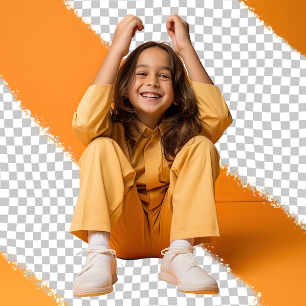 PSD un niño de preescolar divertido con cabello largo de la etnia del sudeste asiático vestido con ropa de biotecnólogo posa en un arco trasero con las manos en los muslos contra un fondo de mandarina pastel