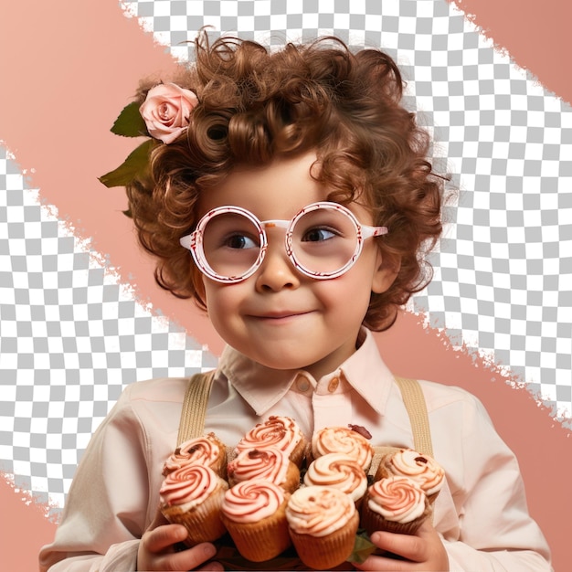 PSD un niño de preescolar divertido con cabello rizado de la etnia urálica vestido con vestimenta de pastelería posa en un estilo de ojos mirando por encima de las gafas contra un fondo de rosa pastel