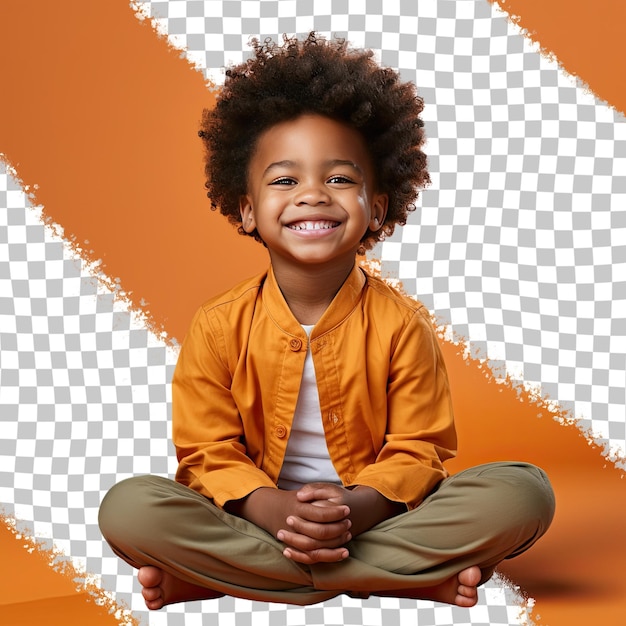 Un niño de preescolar tranquilo con cabello retorcido de la etnia afroamericana vestido con ropa de meditación para la relajación posa con la cabeza inclinada con un estilo de sonrisa contra un ba de mandarina pastel