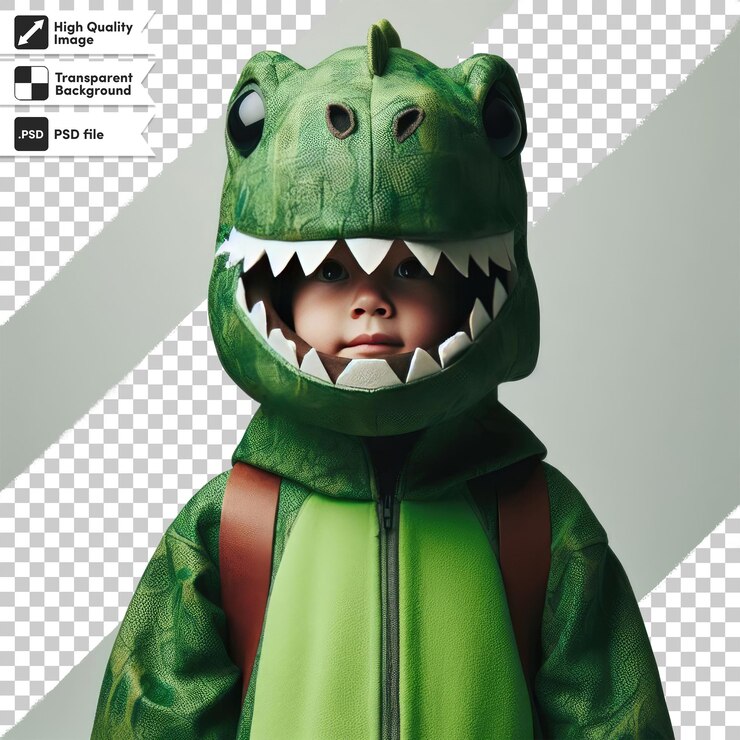 PSD niño psd en disfraz de dinosaurio sobre un fondo transparente