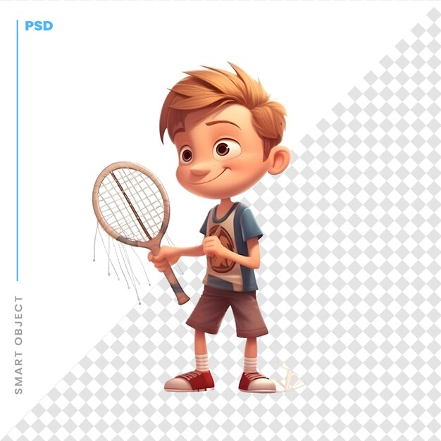 PSD niño con una raqueta de tenis en una representación 3d de fondo blanco