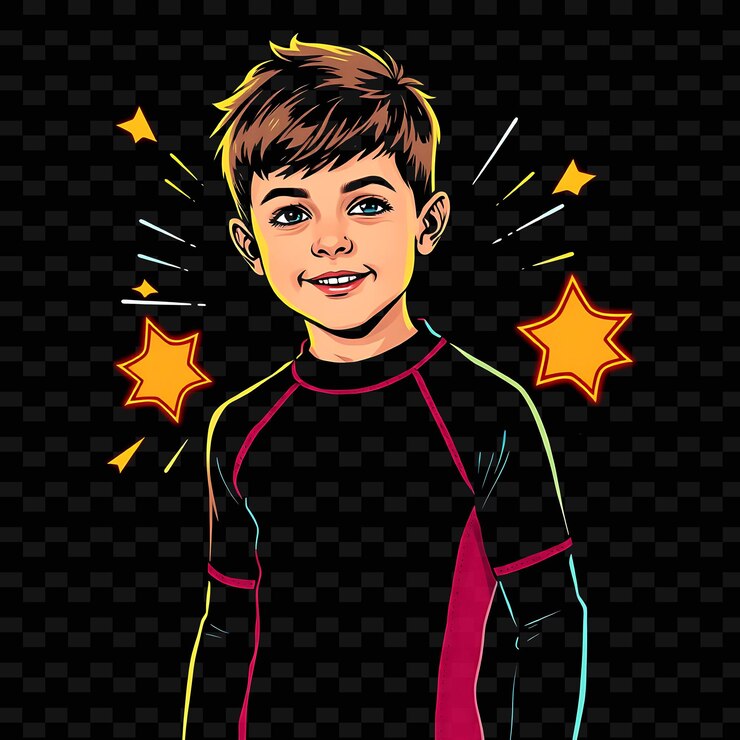 PSD niño en rash guard diseño de cómics de neón con colores primarios ilustración de personaje de neón