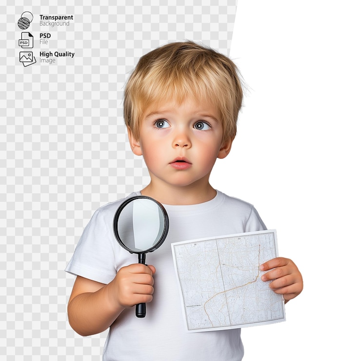 PSD niño rubio con un mapa y una lupa explorando con curiosidad sobre un fondo transparente