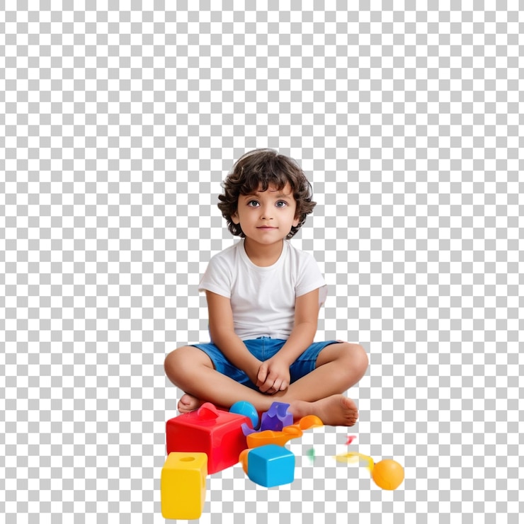 PSD niño sentado en el suelo rodeado de objetos coloridos