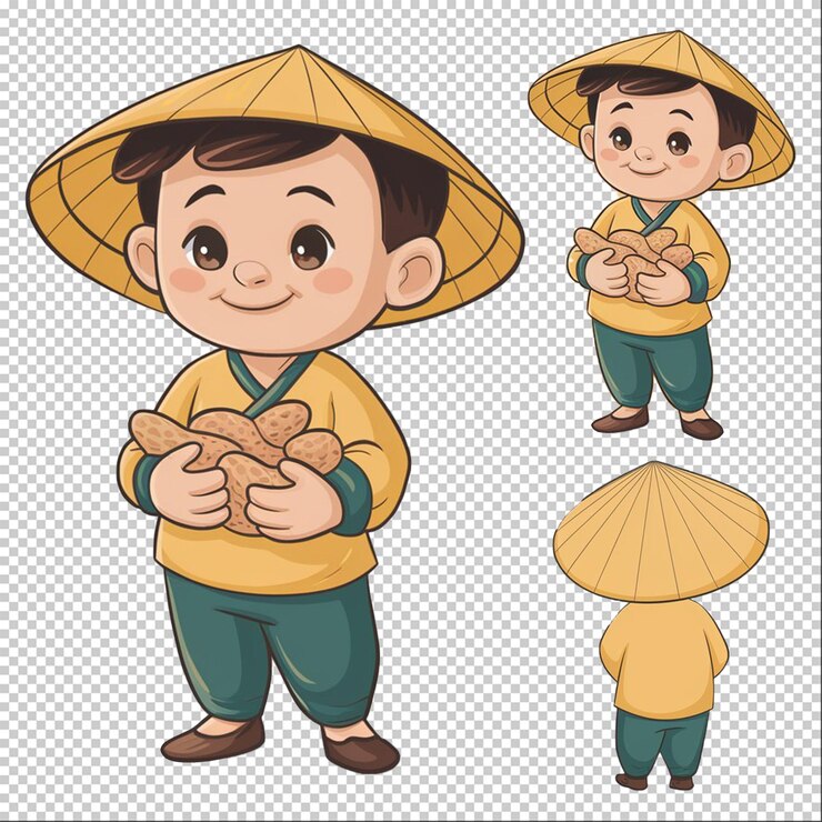 un niño con un sombrero y una camisa amarilla con un personaje japonés sosteniendo un paraguas