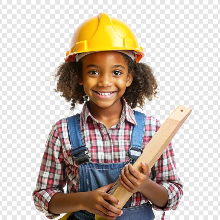 un niño con un sombrero duro con un martillo