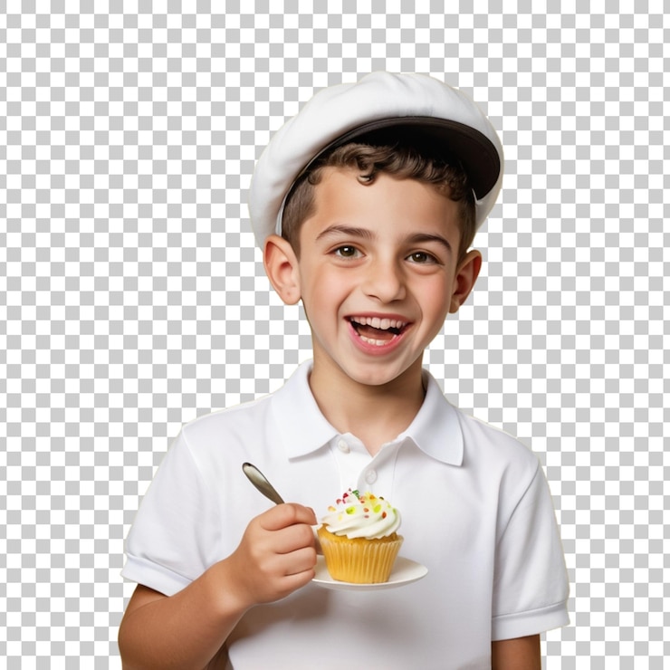 PSD un niño con un sombrero de marinero está sosteniendo un pastel con un pastel en él