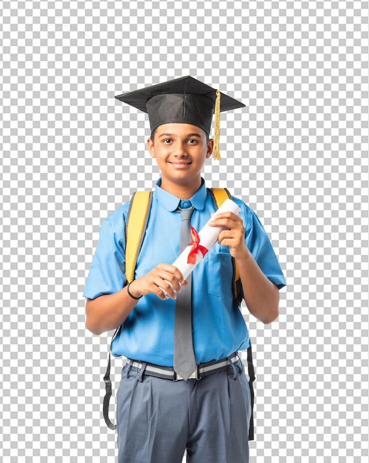 Niño sonriente con traje de graduación con diploma en la mano