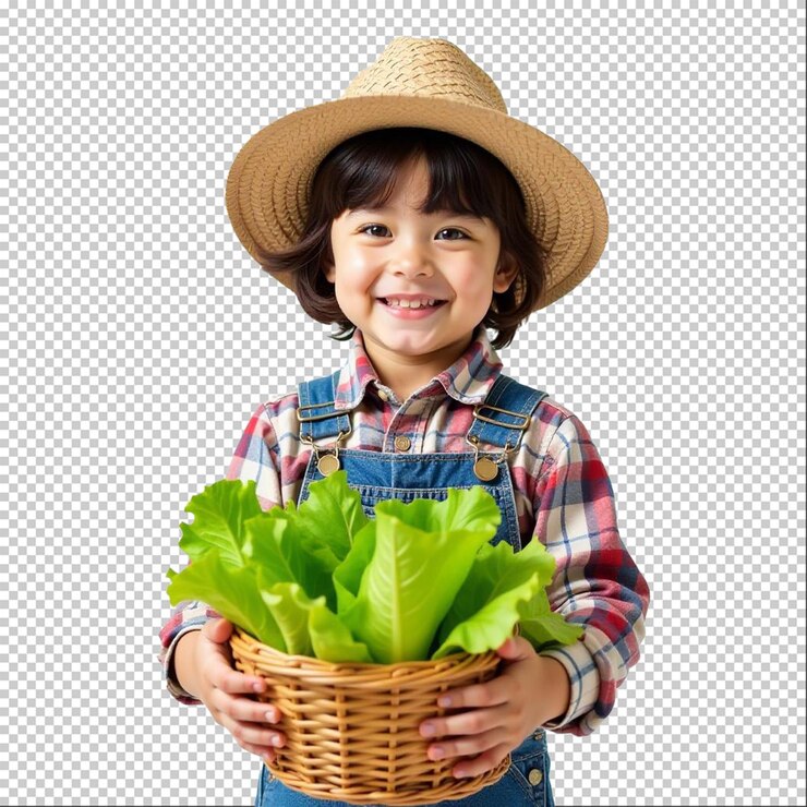 un niño sosteniendo una canasta de lechuga y lechuga