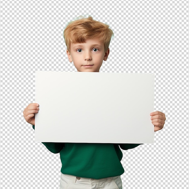 PSD niño sosteniendo un cartel vacío aislado en un fondo transparente png