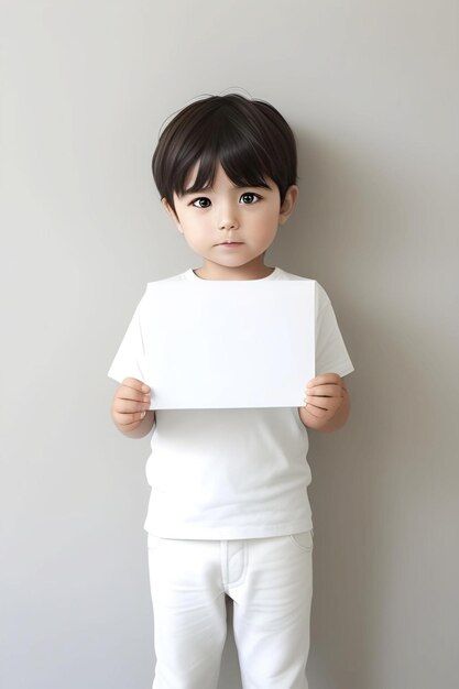 Niño sosteniendo una maqueta de lienzo en blanco