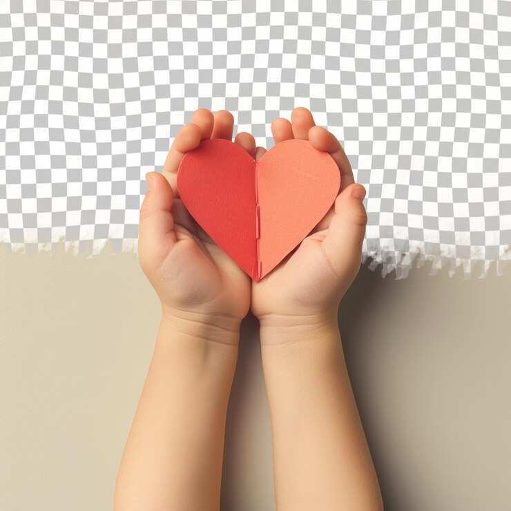 PSD un niño sostiene un pedazo de papel en forma de corazón con un corazón rojo en él