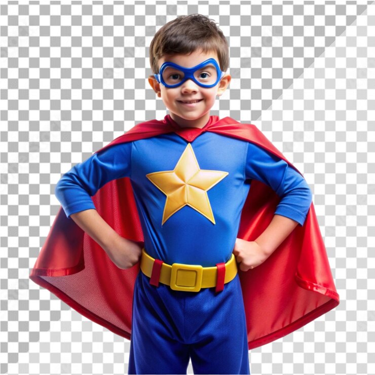 PSD niño superhéroe sobre un fondo transparente