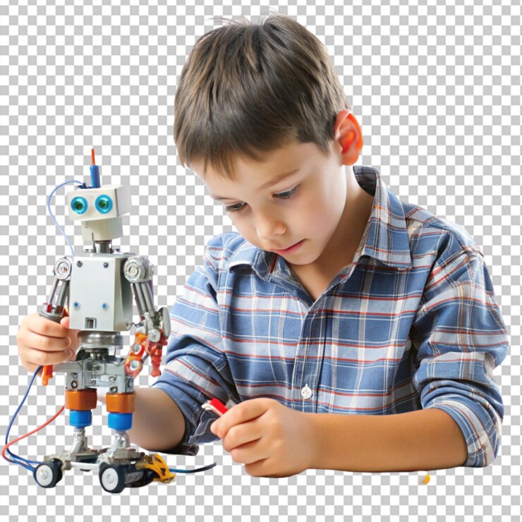 PSD niño trabajando en un diseño de robot día de ciencia ficción en fondo transparente