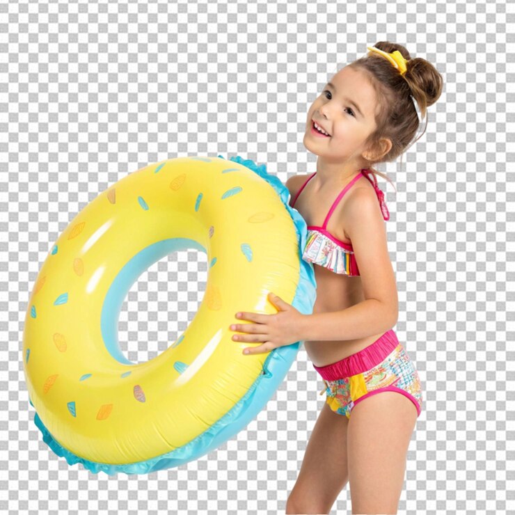 PSD niño en traje de baño dentro de un anillo inflable