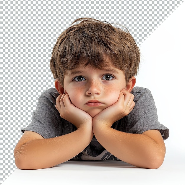 Niño triste con una expresión preocupada descansando la cabeza sobre sus manos reflejando su estado de ánimo en un simple niño triste niño de mal humor o enfermo y tiene problemas archivo de objeto aislado en fondo transparente
