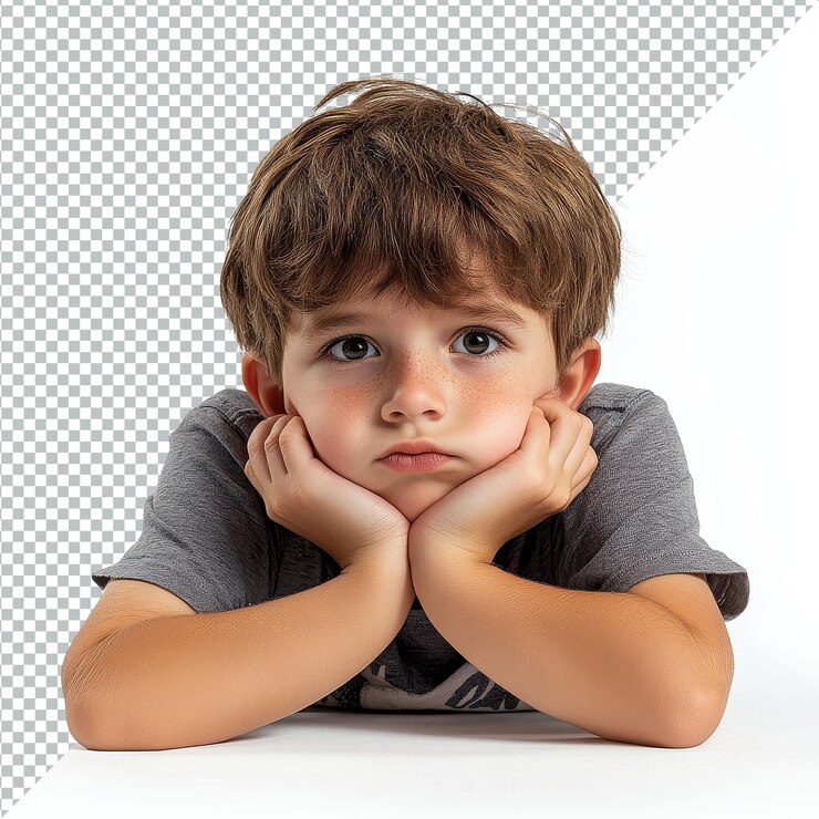 PSD niño triste con una expresión preocupada descansando la cabeza sobre sus manos reflejando su estado de ánimo en un simple niño triste niño de mal humor o enfermo y tiene problemas archivo de objeto aislado en fondo transparente