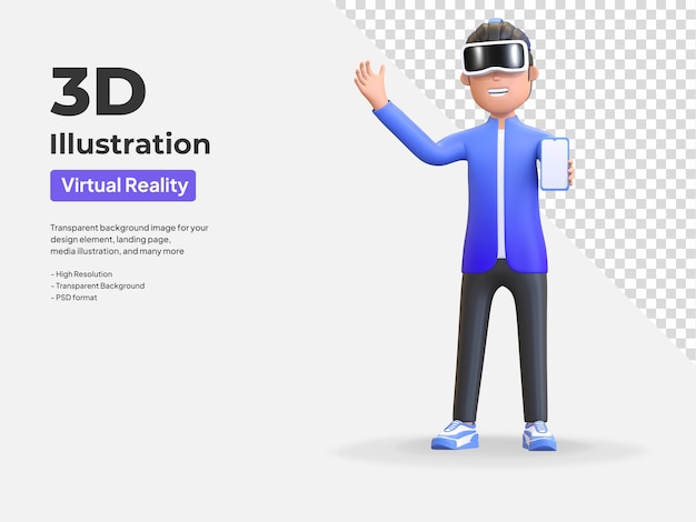 Niño usando casco de realidad virtual y sosteniendo la ilustración del teléfono inteligente 3d render