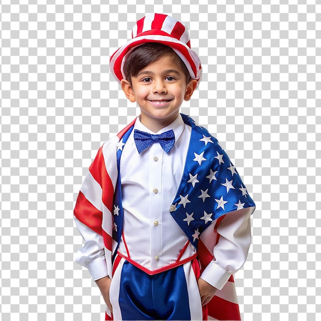 PSD niño vestido con trajes patrióticos sobre un fondo transparente