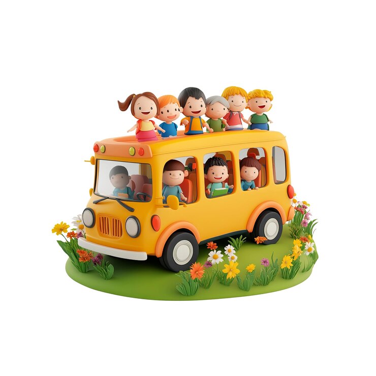PSD niños alegres en un autobús escolar en un prado de flores render 3d