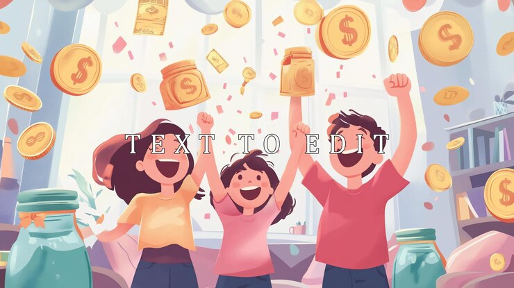PSD niños alegres celebrando el éxito financiero rodeados de dinero y monedas que caen
