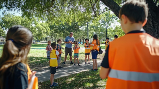 Niños con chalecos de seguridad escuchan atentamente a un instructor al aire libre en un parque