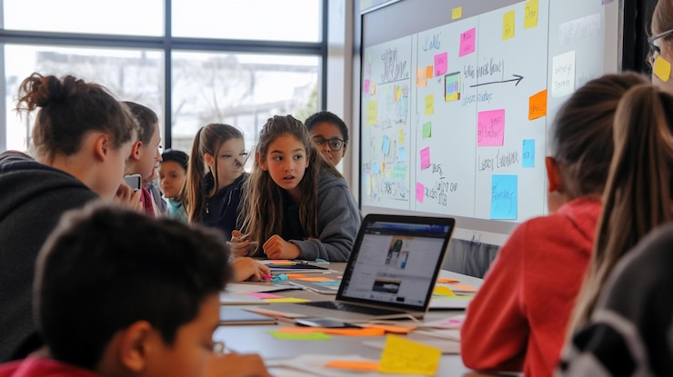 PSD niños colaborando en un proyecto usando notas adhesivas y una computadora portátil durante una sesión de lluvia de ideas