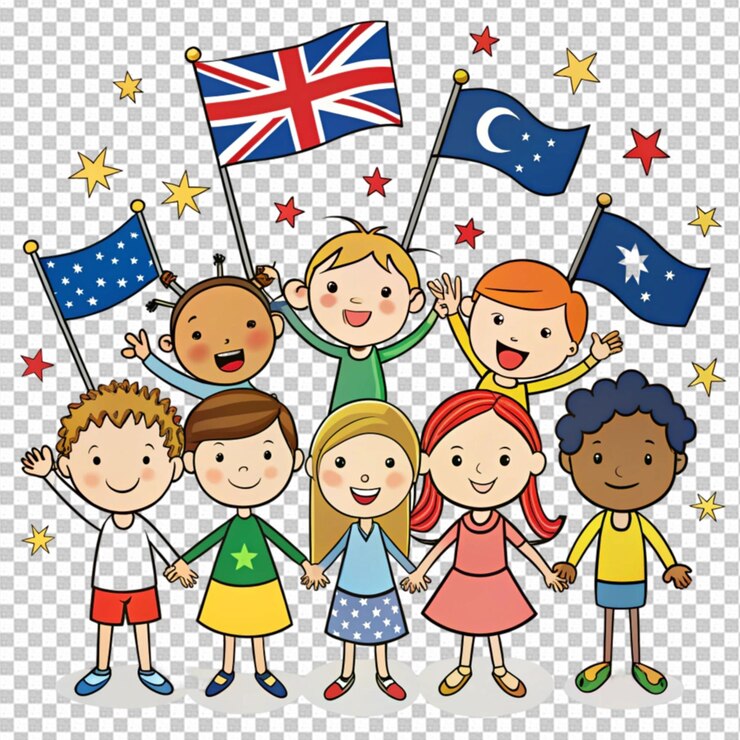 PSD niños de dibujos animados sosteniendo una bandera para celebrar el día de la independencia