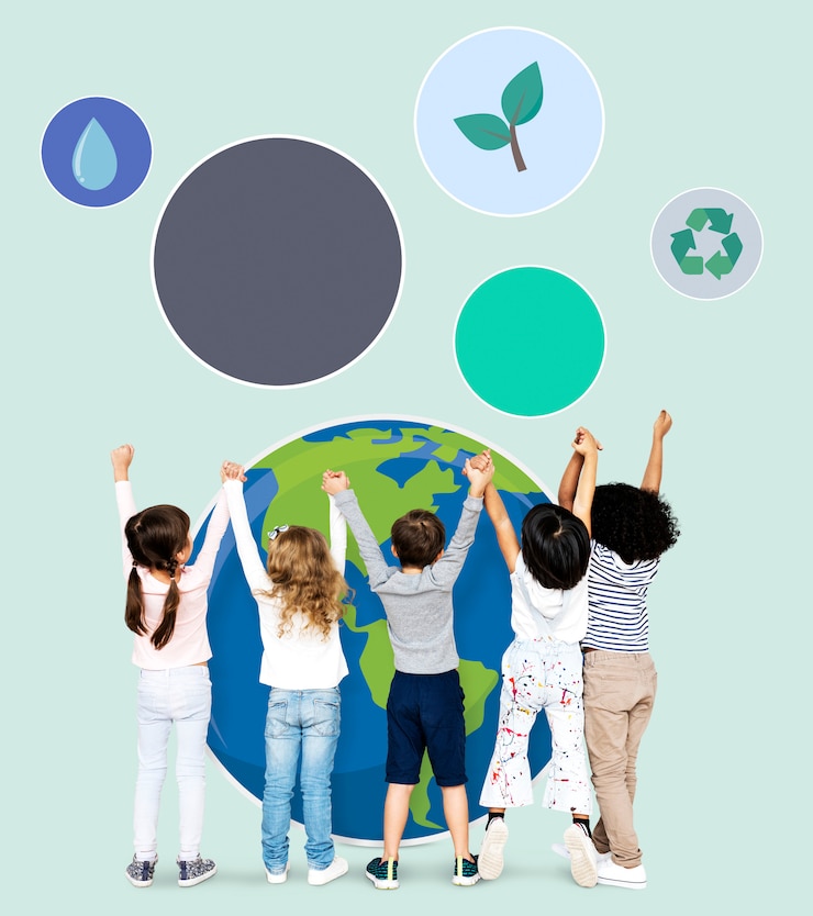 PSD niños diversos difundiendo la conciencia ambiental