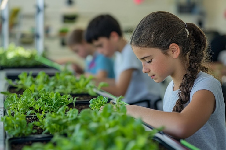 PSD niños de escuela cuidando plantas en un jardín hidropónico de la clase