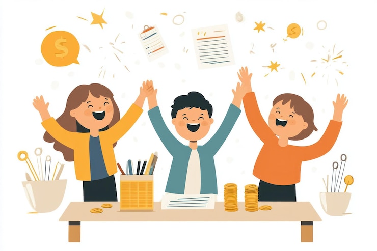 PSD niños felices celebrando el éxito de la recaudación de fondos