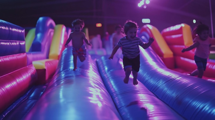PSD niños felices jugando y saltando alegremente en un colorido patio de recreo inflable por la noche