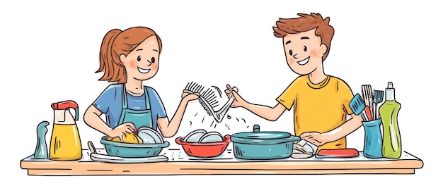 Niños felices lavando platos juntos en la cocina