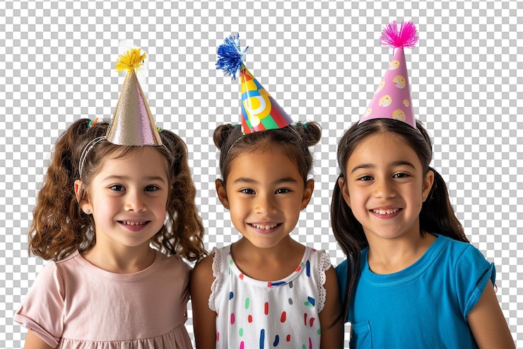 PSD niños felices con sombreros de cumpleaños solos contra un fondo transparente