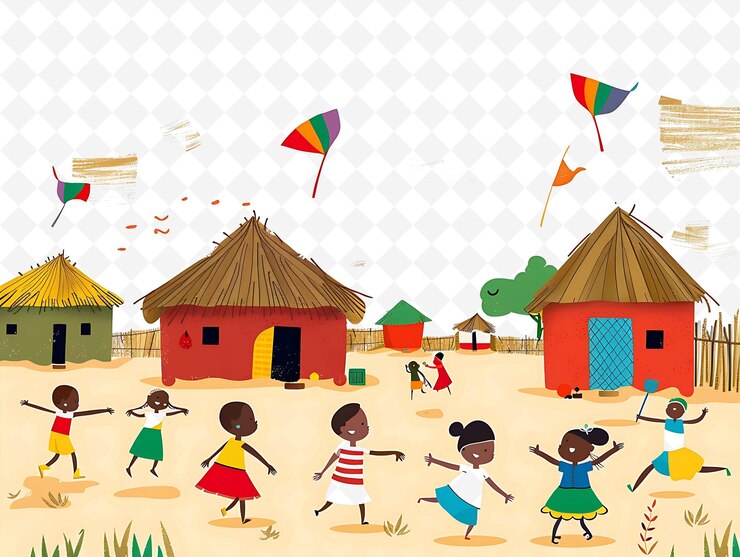 PSD niños jugando en una aldea de zambia el diseño es lúdico una ilustración vista del paisaje cultural
