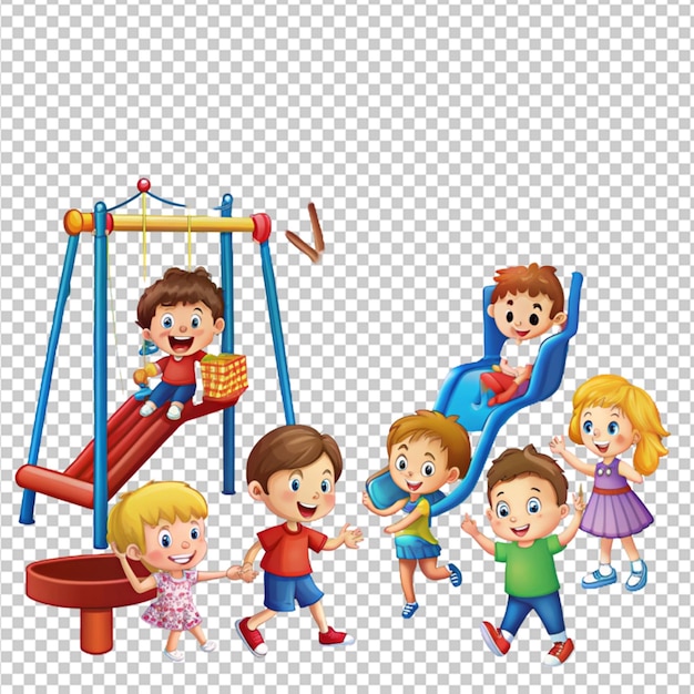 niños jugando en el patio de recreo en el parque dibujos animados en fondo transparente