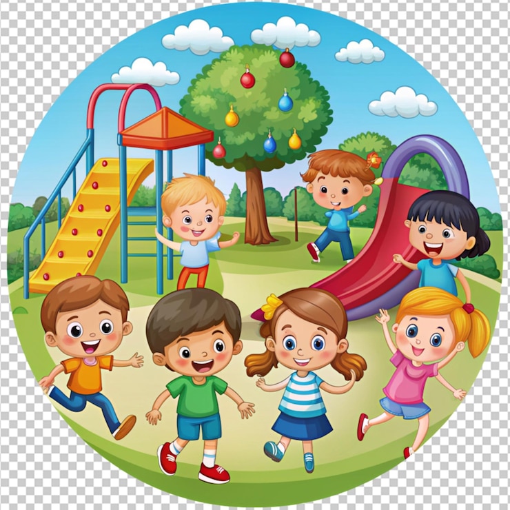 PSD niños jugando en el patio de recreo en el parque dibujos animados en fondo transparente