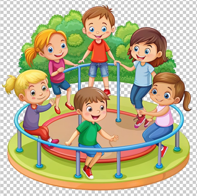 PSD niños jugando en el patio de recreo en el parque dibujos animados en fondo transparente